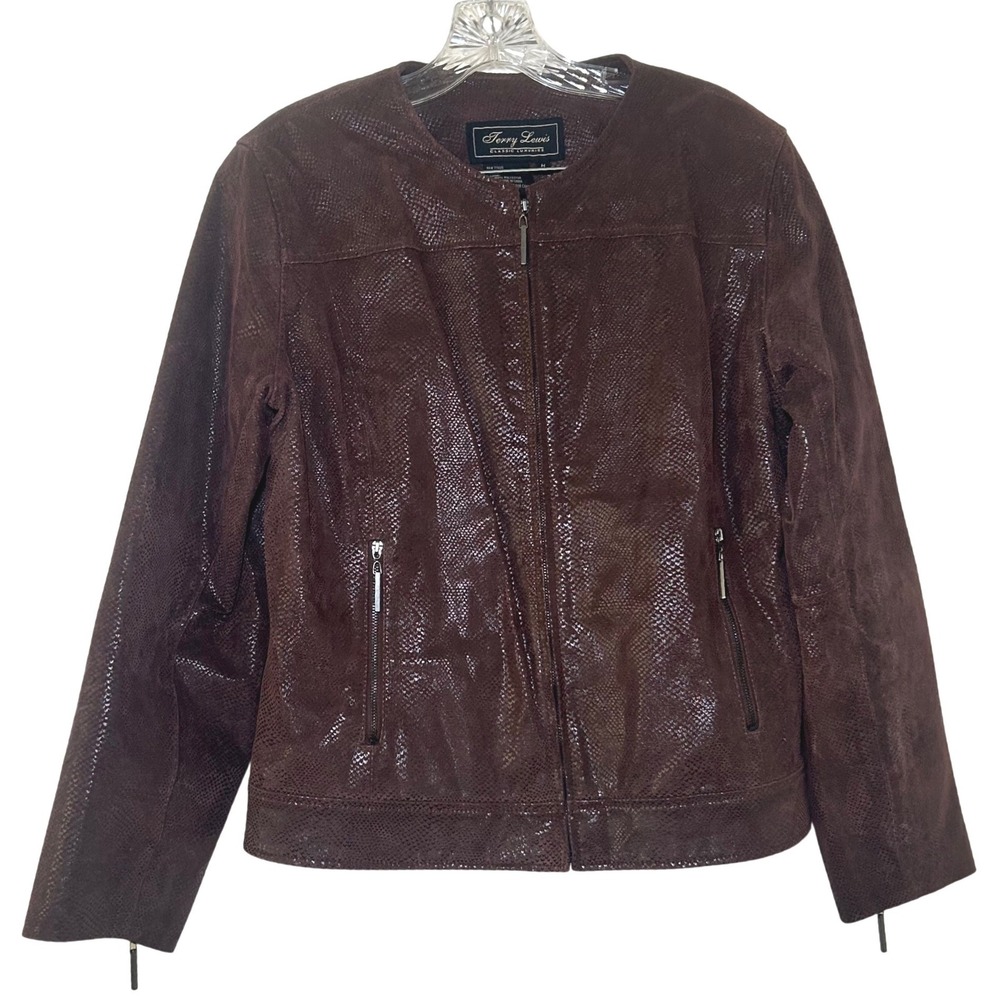 Terry Lewis Brown Snakeskin Embossed Genuine Leather Jacket Women Medium Moto